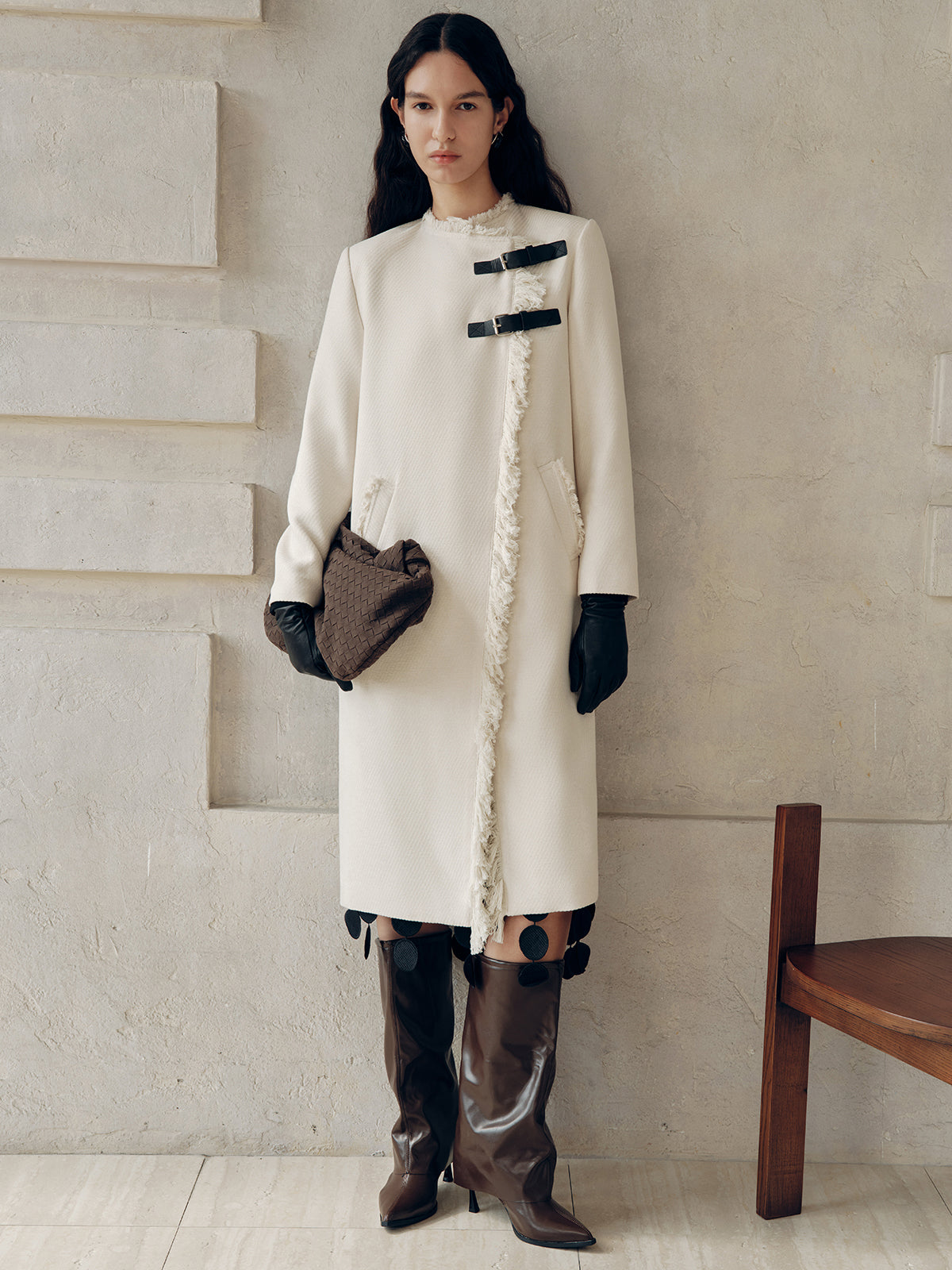 Fringe Trim Buckle Detail Long Coat