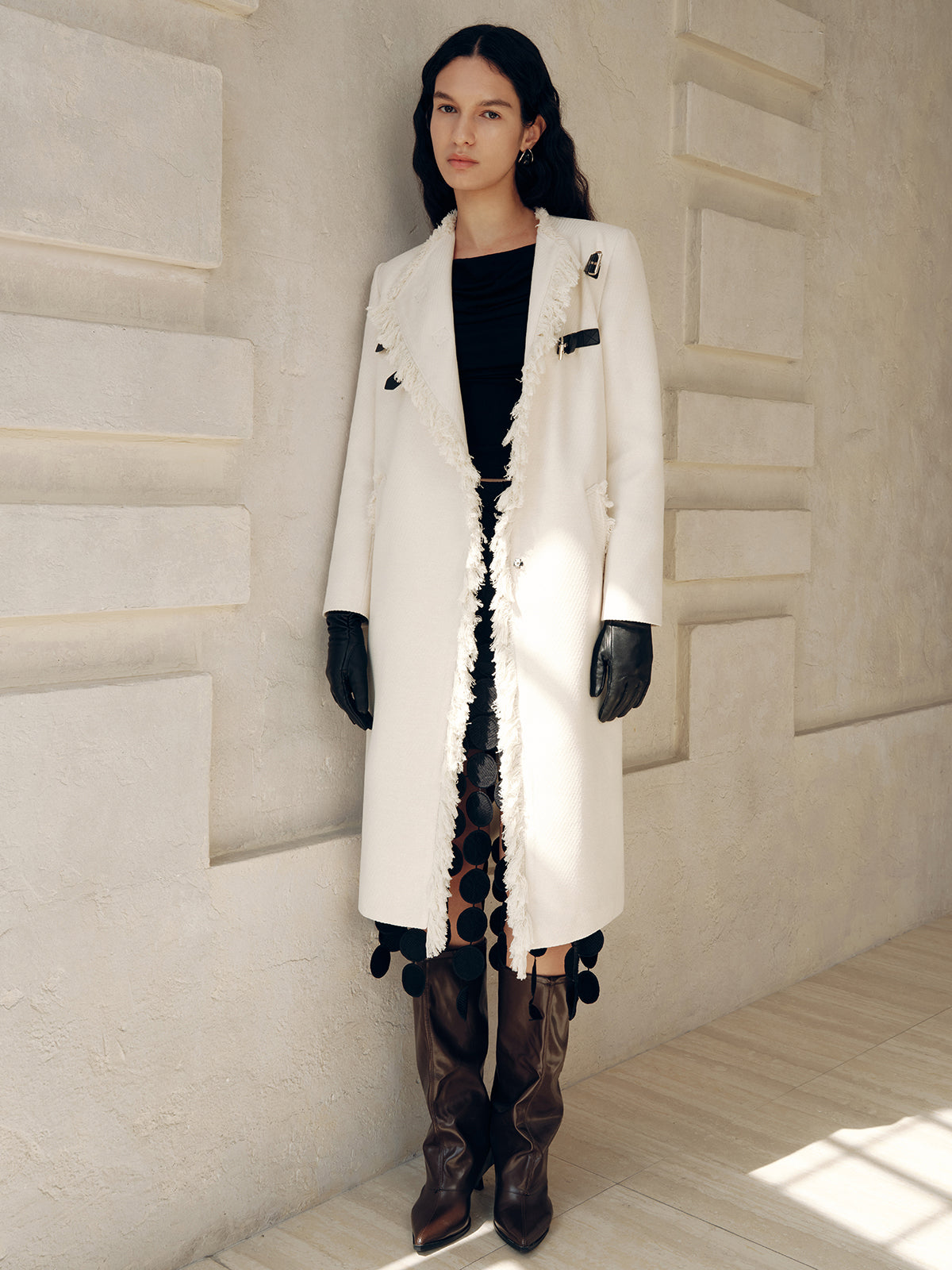 Fringe Trim Buckle Detail Long Coat