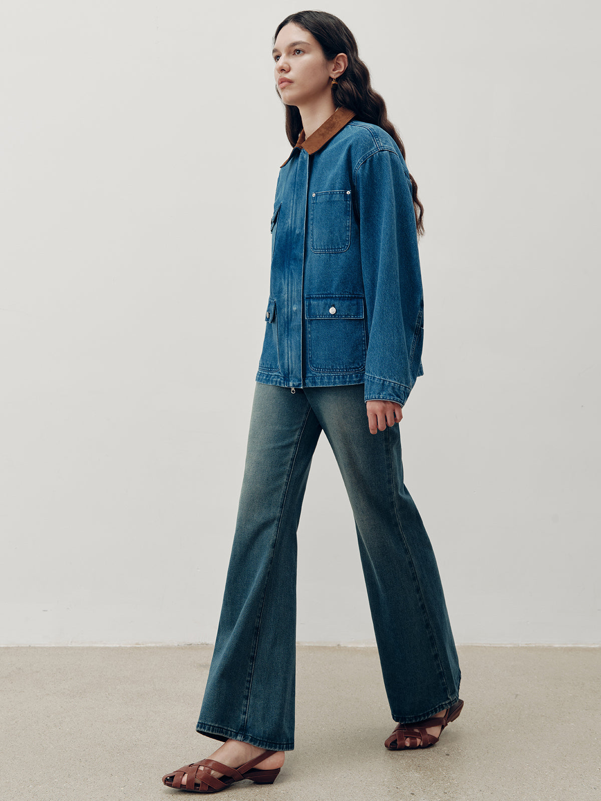 Suede Collar Zip-Front Denim Jacket