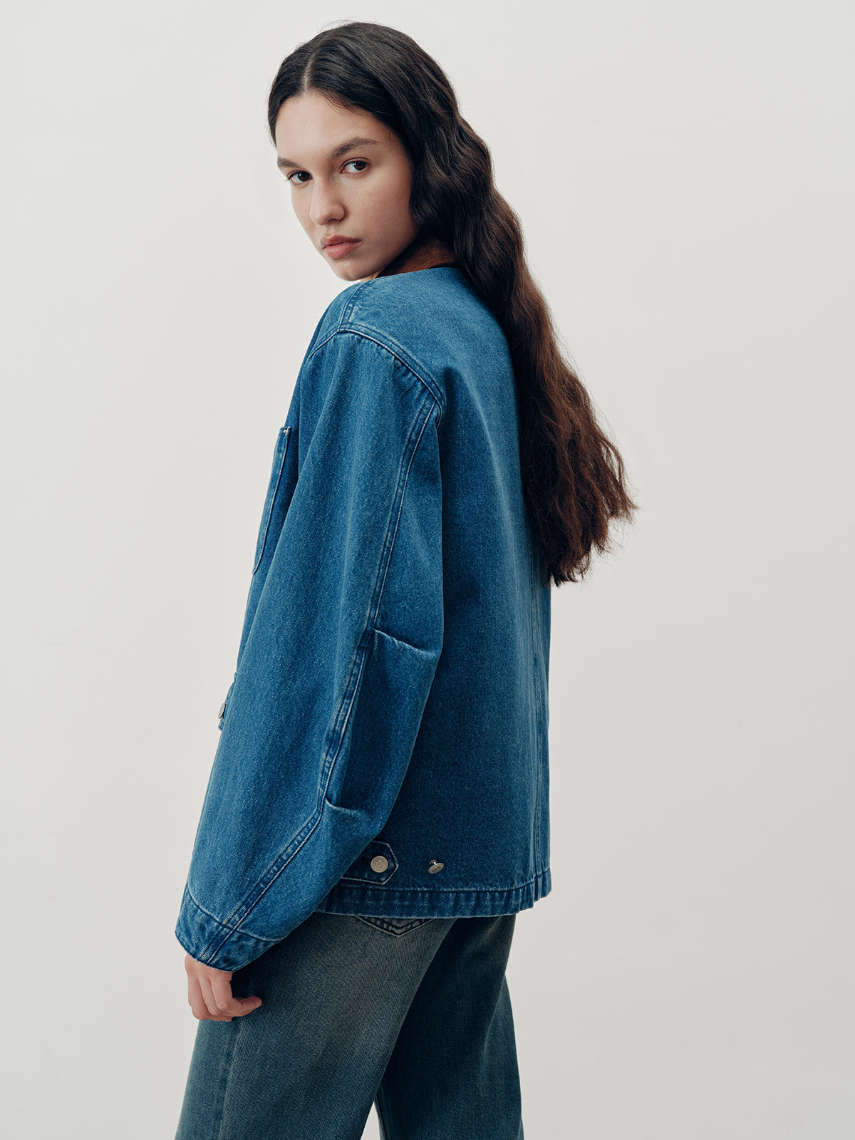 Suede Collar Zip-Front Denim Jacket
