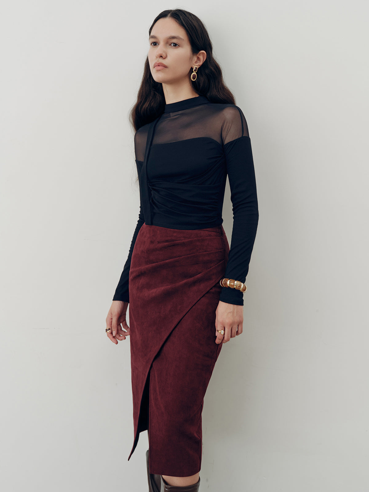 Sheer Mesh Panel Long Sleeve Top