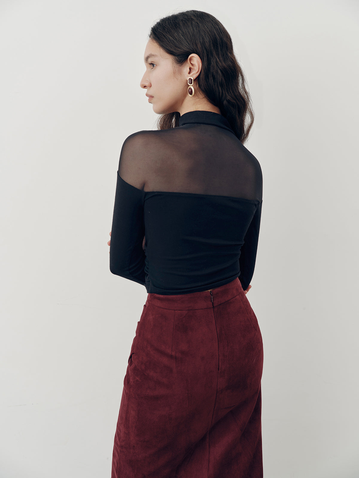 Sheer Mesh Panel Long Sleeve Top