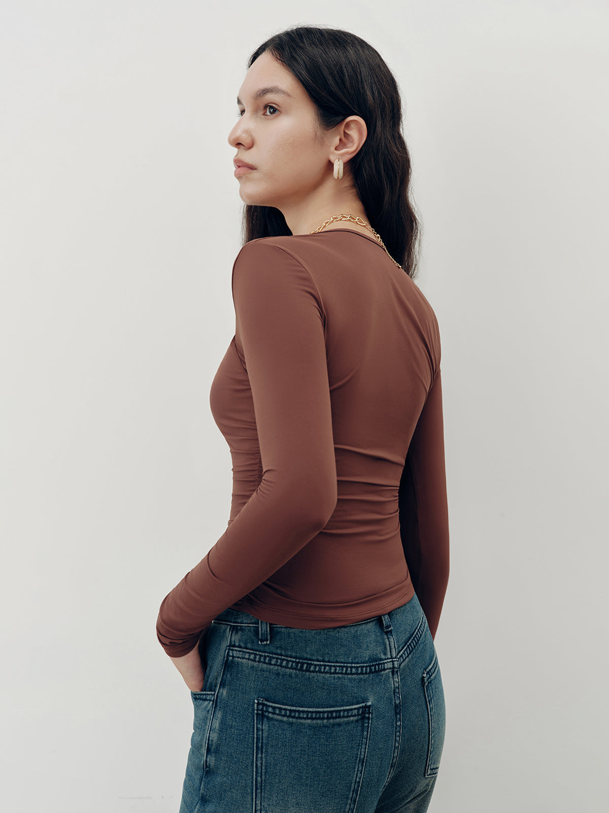 Square-Neck Ruched Long Sleeve Top