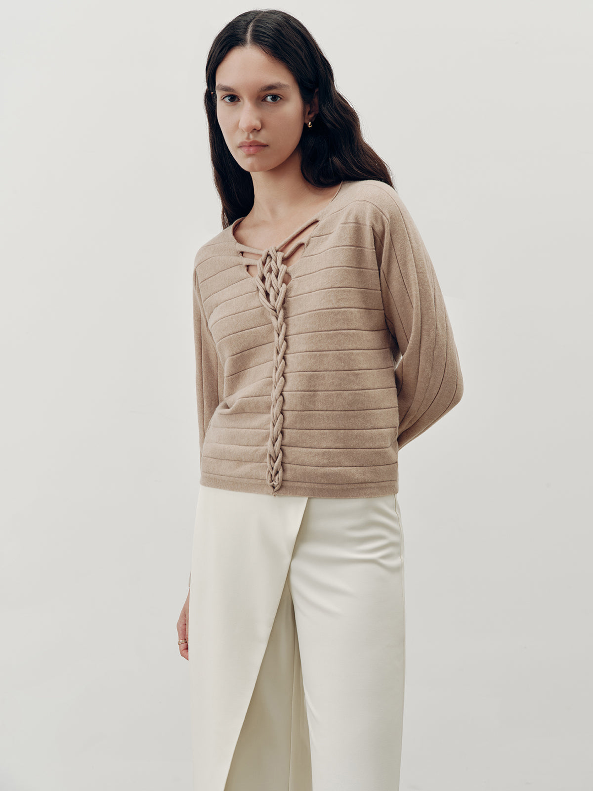 Braided-Front Wool-Blend Knit Top