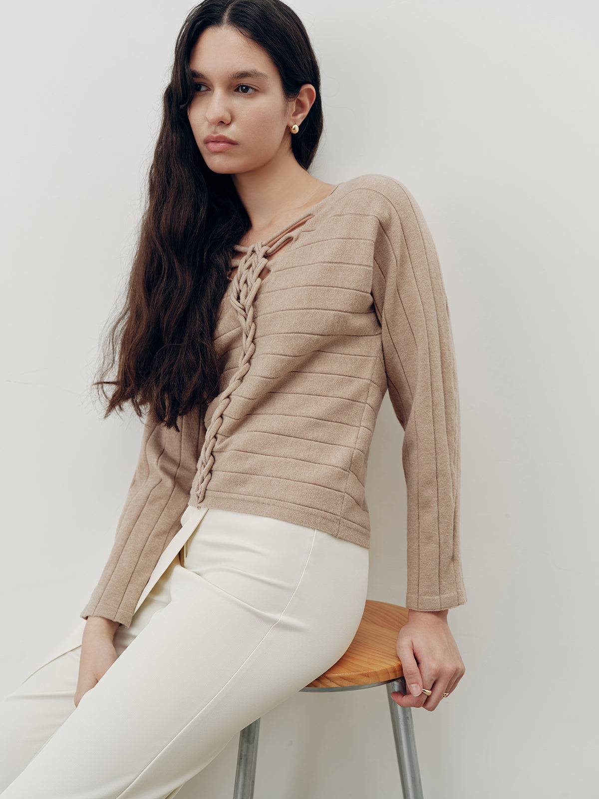 Braided-Front Wool-Blend Knit Top