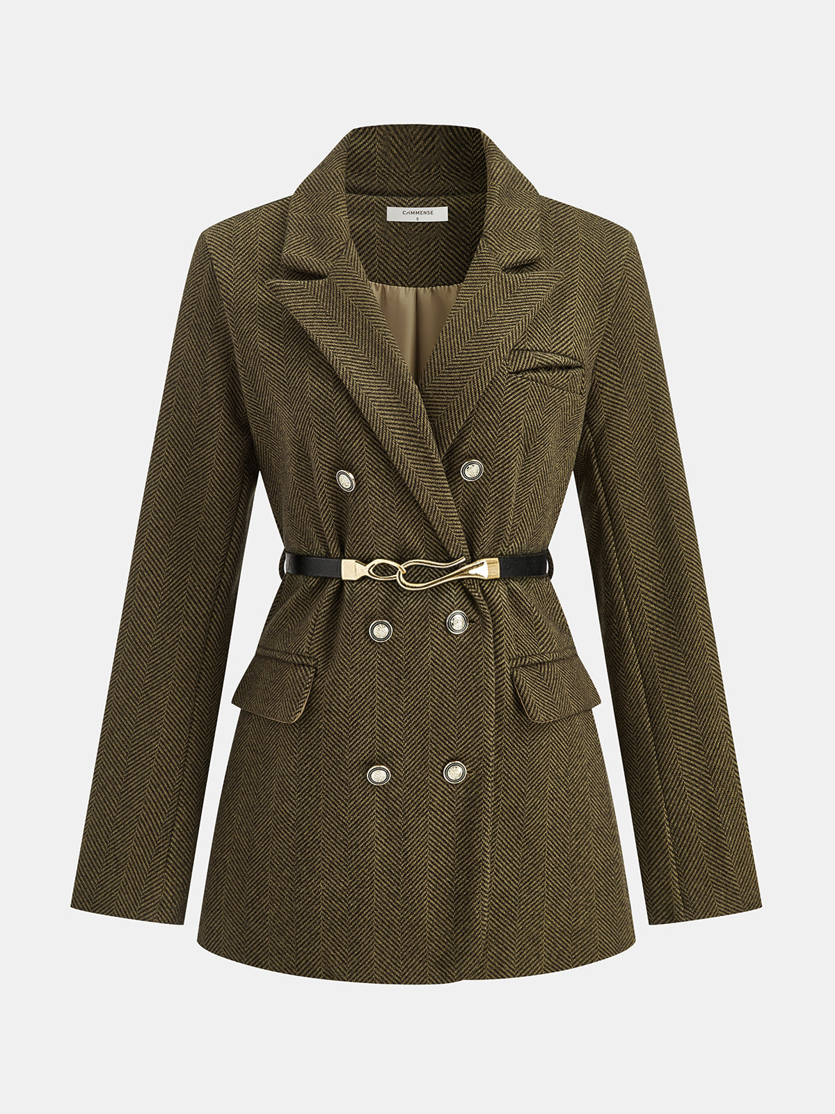 Belted Herringbone Double-Breasted Blazer