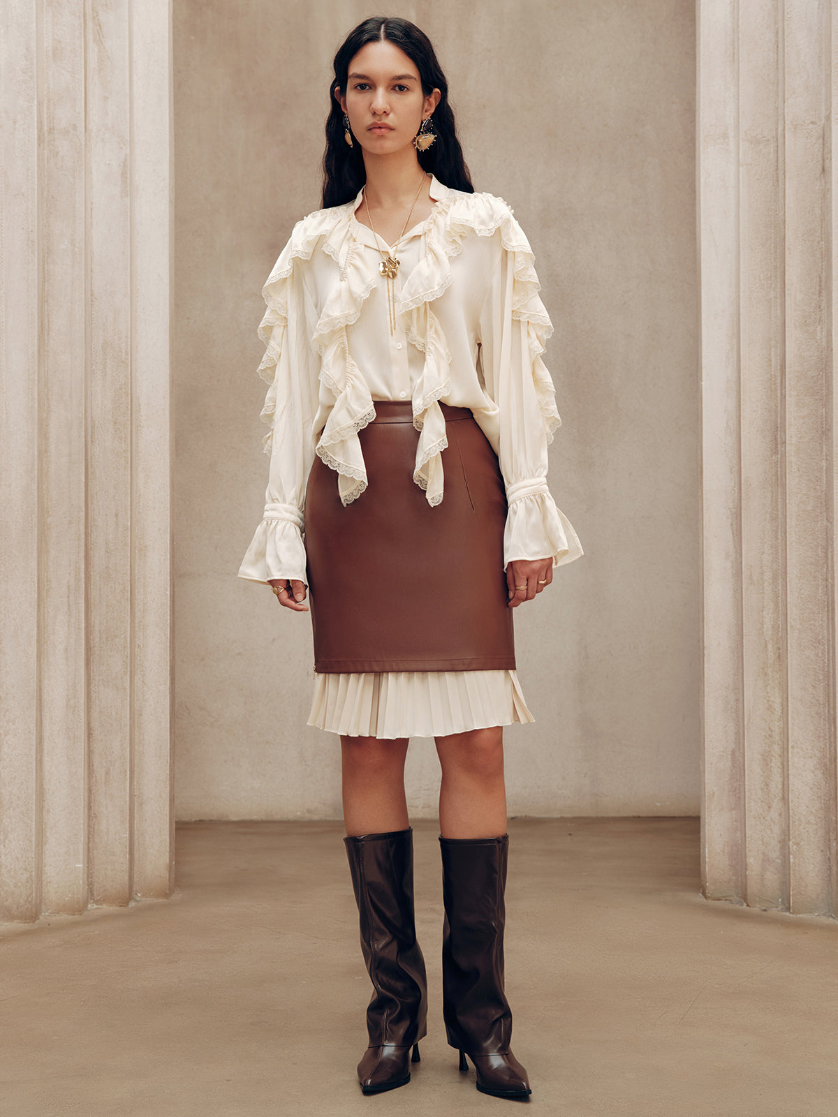 Mini-jupe plissée 2 en 1 en PU avec fermeture éclair