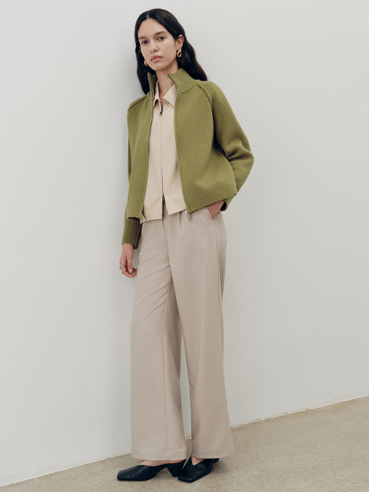 Zip-Up Turtleneck Knit Cardigan