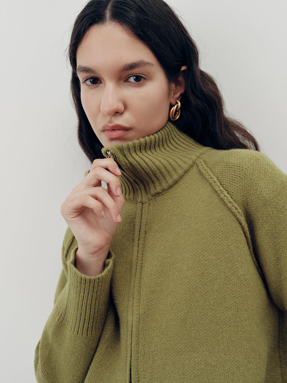 Zip-Up Turtleneck Knit Cardigan