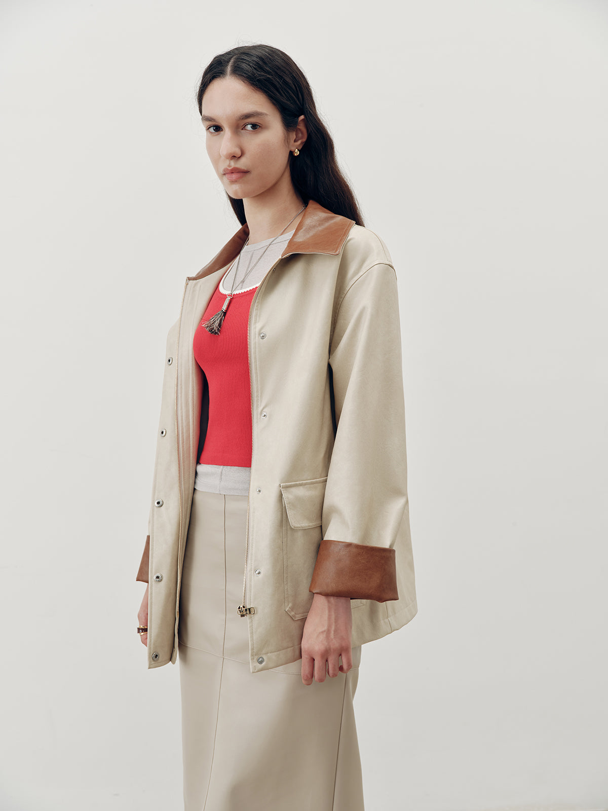 Contrast Collar PU Leather Jacket