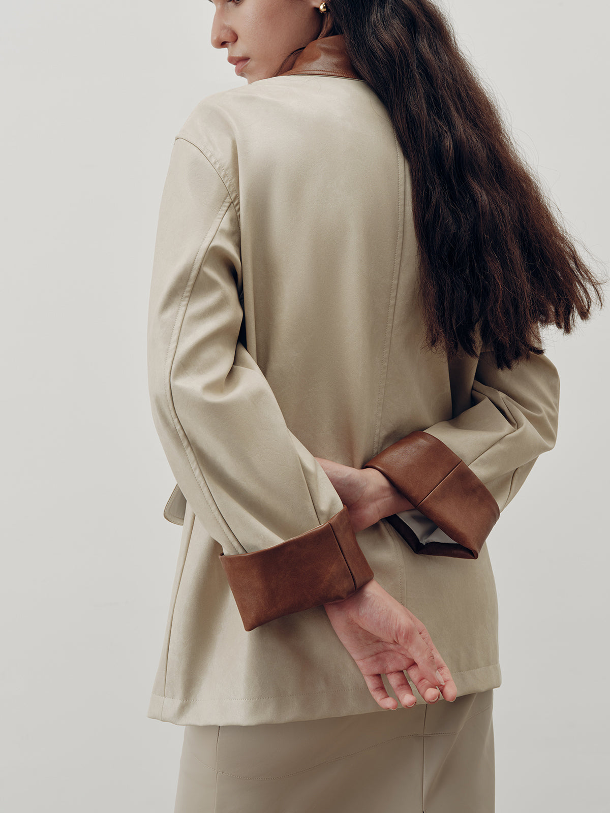 Contrast Collar PU Leather Jacket