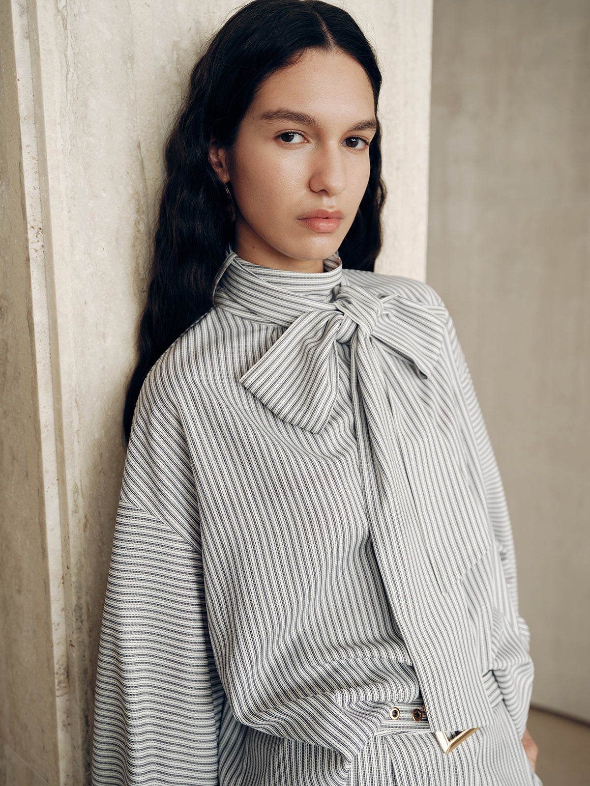 Large Bow Neck Striped Blouse