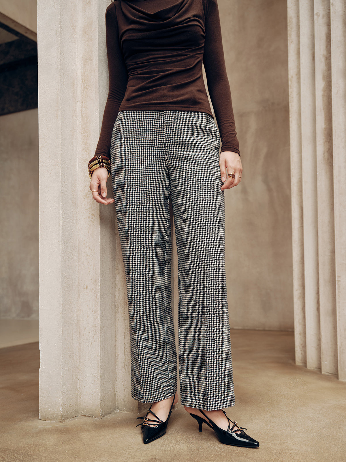 Mid-Waist Houndstooth Pants