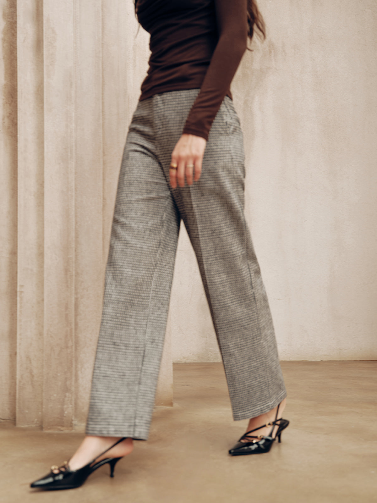 Pantalon Pied-de-Poule Taille Mi-Haute