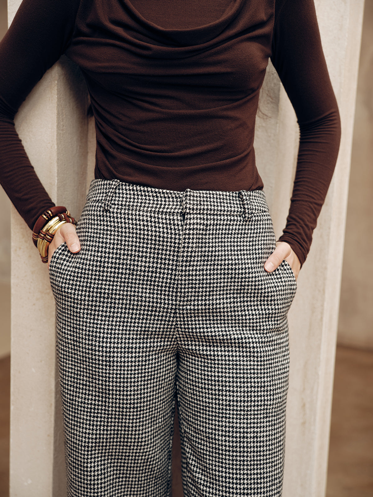 Mid-Waist Houndstooth Pants