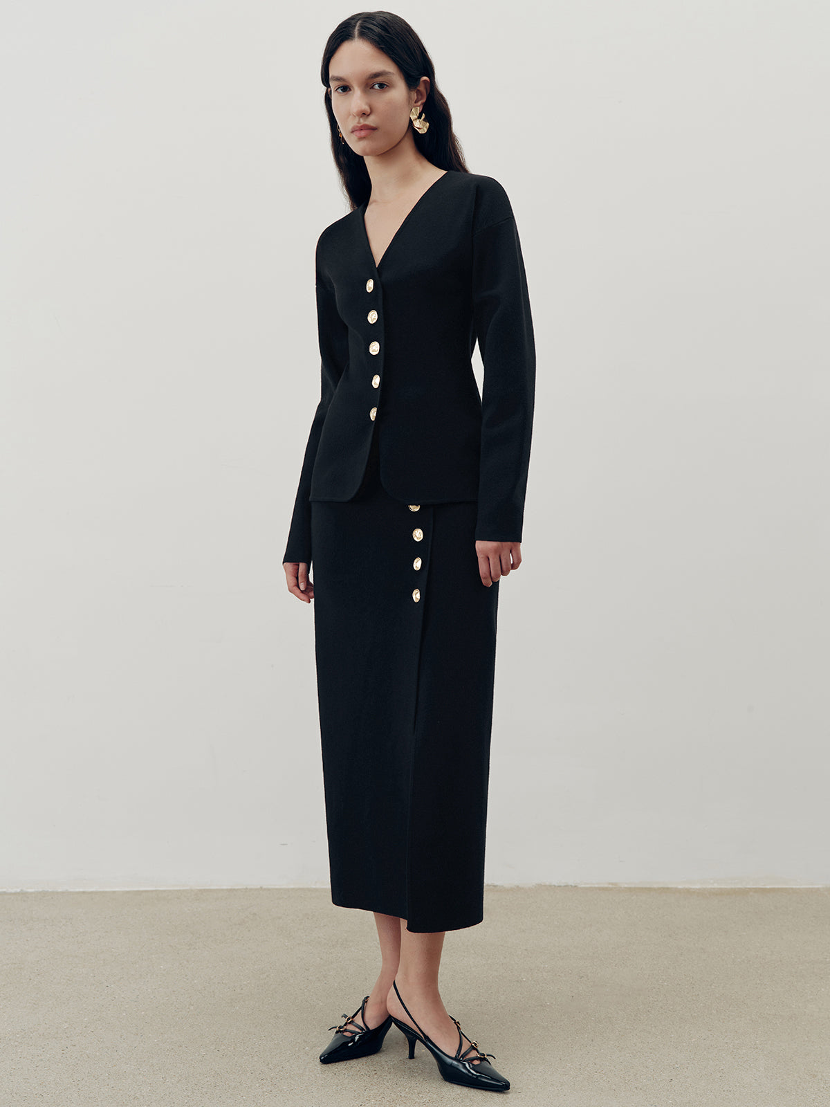 Metal Button V-Neck Cardigan