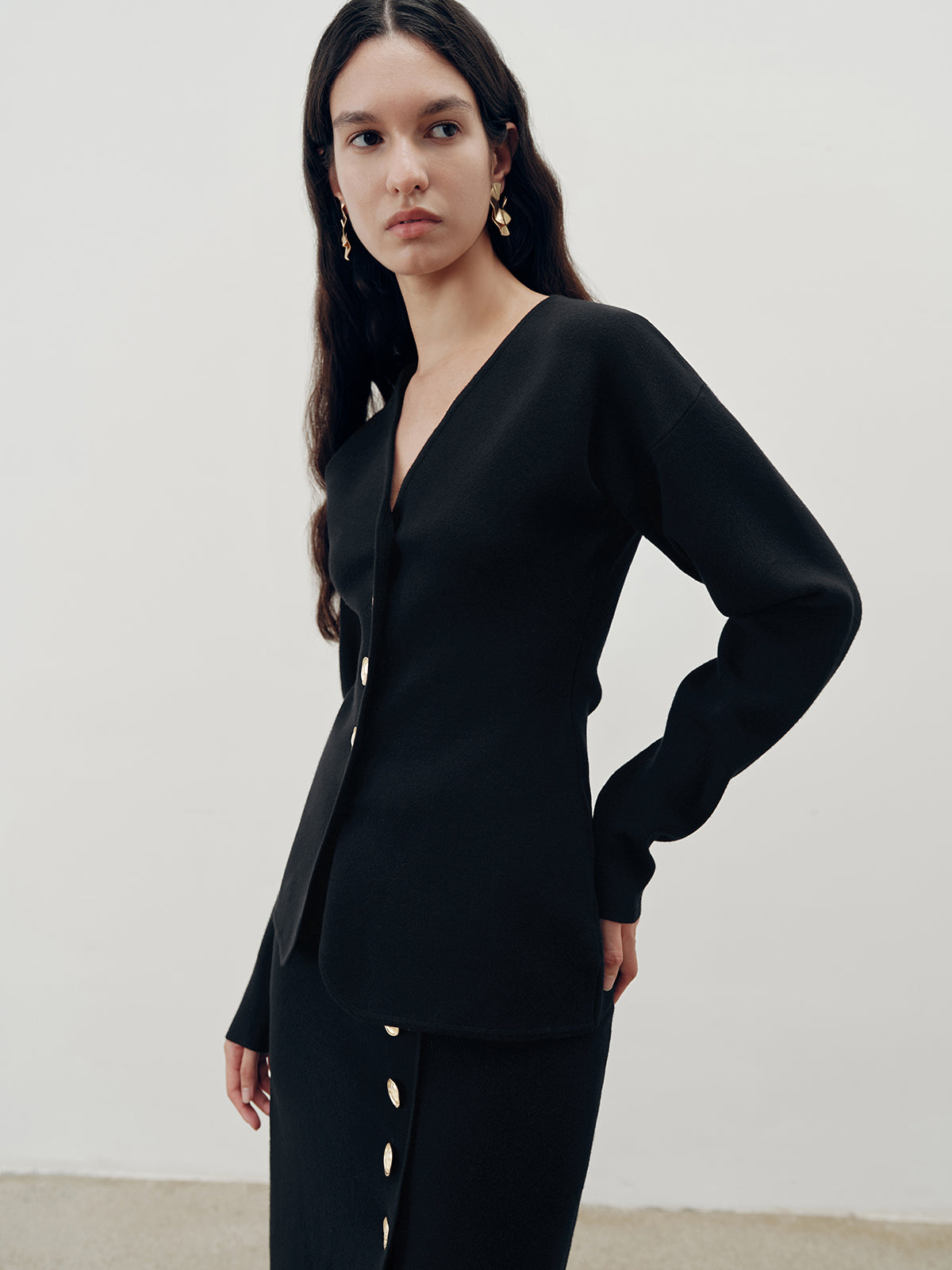 Metal Button V-Neck Cardigan