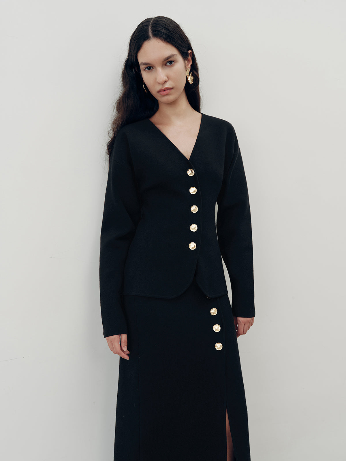 Metal Button V-Neck Cardigan