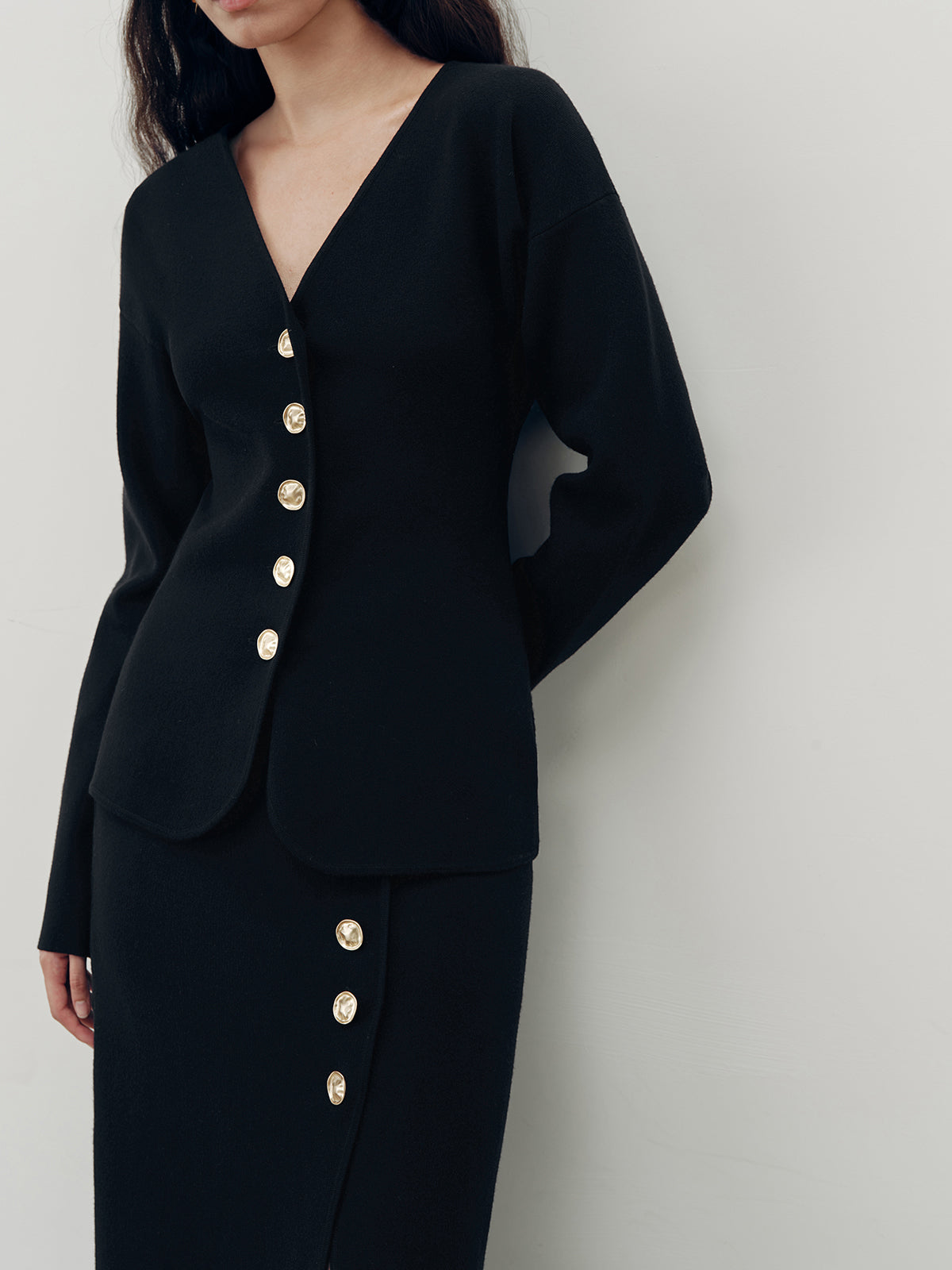 Metal Button V-Neck Cardigan