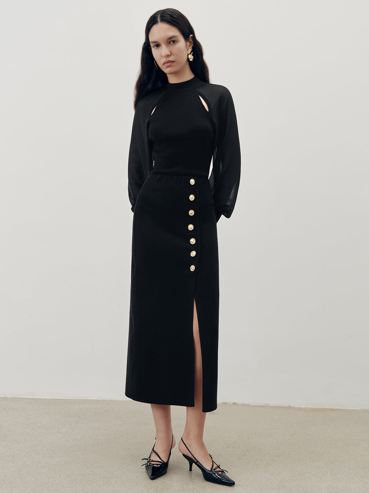 Metal Button Slit Maxi Skirt