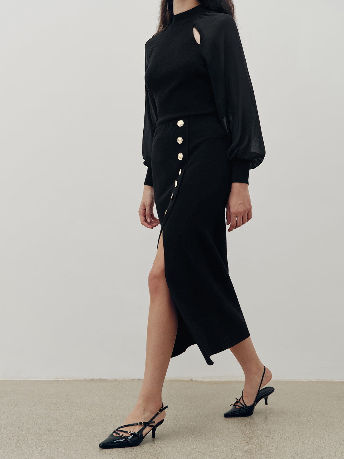 Metal Button Slit Maxi Skirt