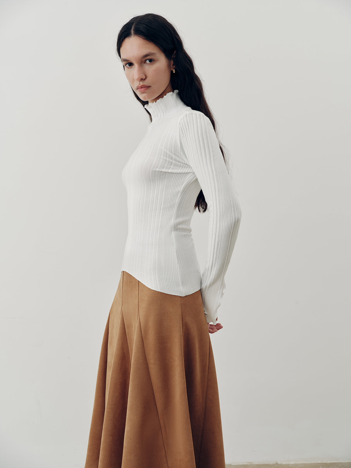 Turtleneck Ruffled Ribbed Knit Top