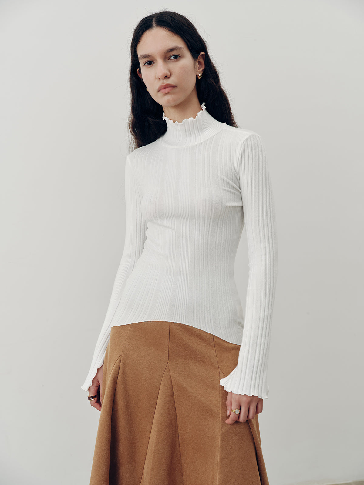 Turtleneck Ruffled Ribbed Knit Top