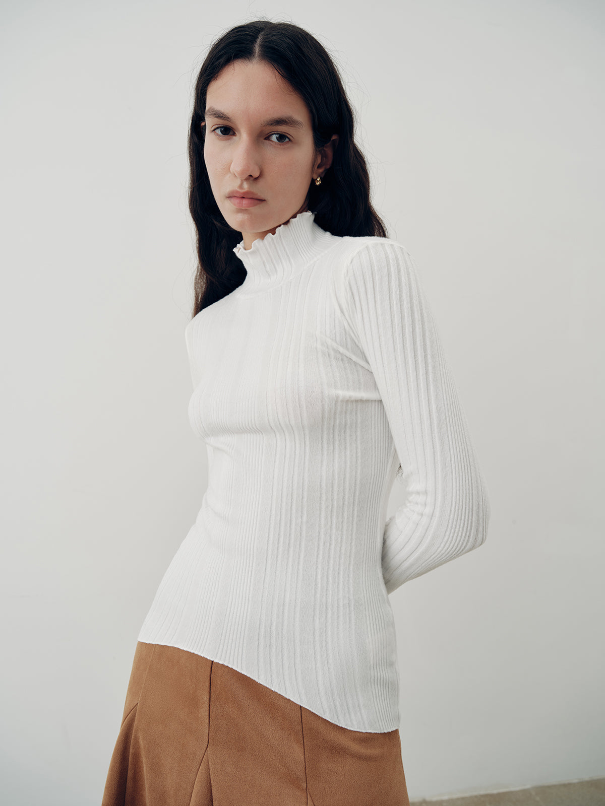 Turtleneck Ruffled Ribbed Knit Top