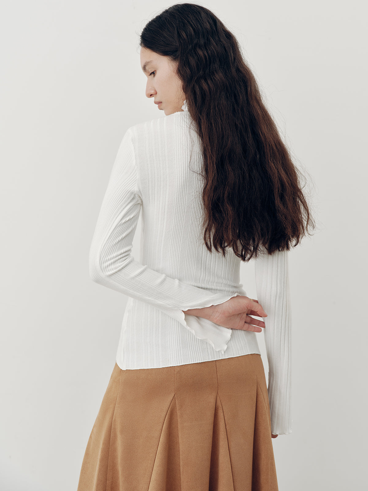 Turtleneck Ruffled Ribbed Knit Top