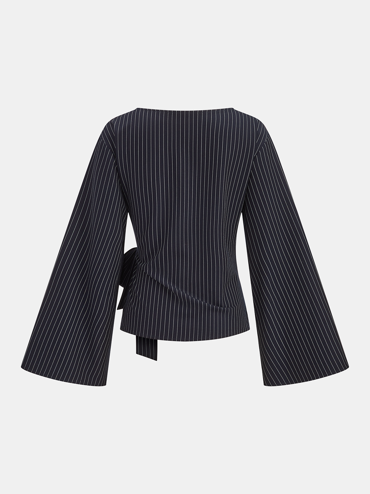 Flared Sleeve Pinstripe Wrap Blouse