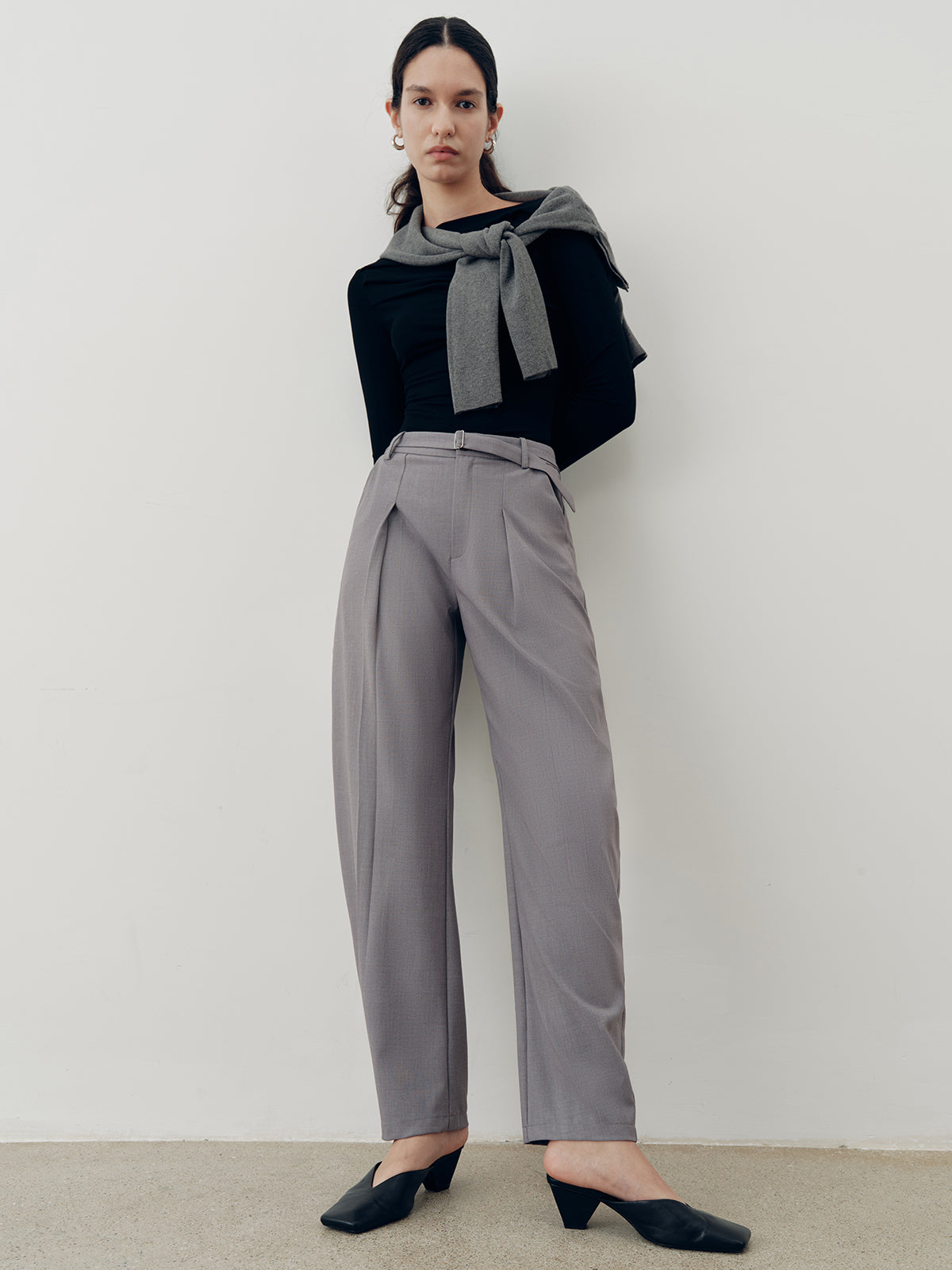 Plissierte Hose mit Gürtel und mittlerer Bundhöhe