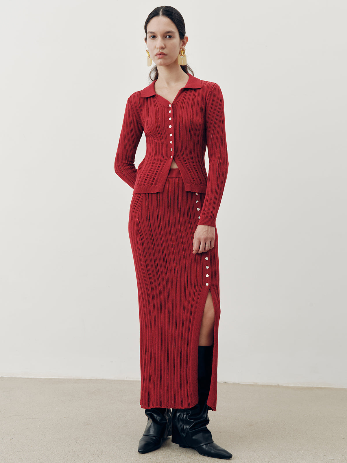 Collared Knit Top and Slit Skirt Set