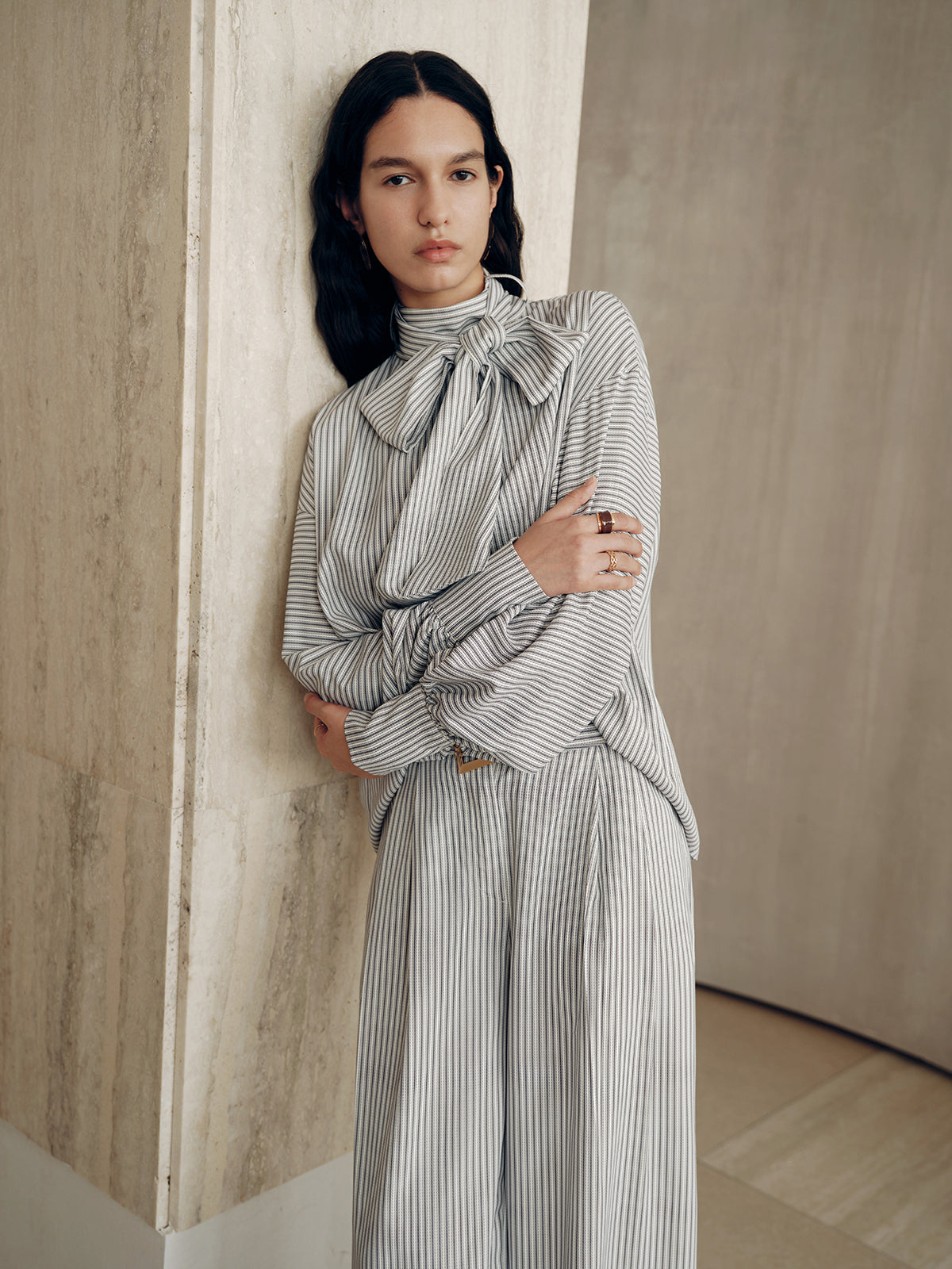 Large Bow Neck Striped Blouse