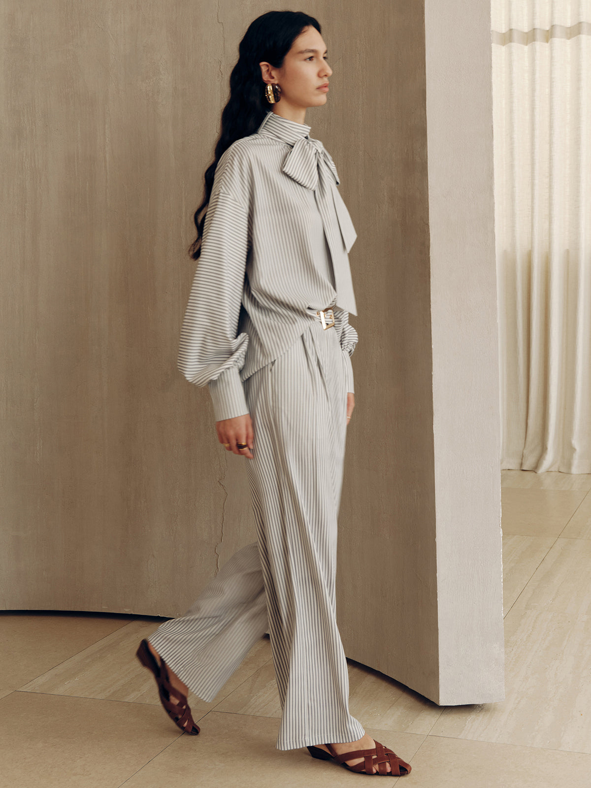 Large Bow Neck Striped Blouse