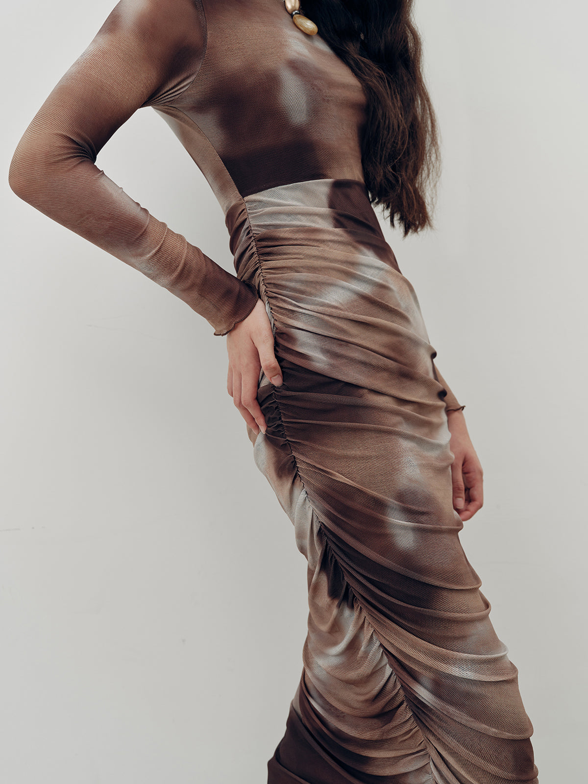 Tie-Dye Ruched Mesh Maxi Dress