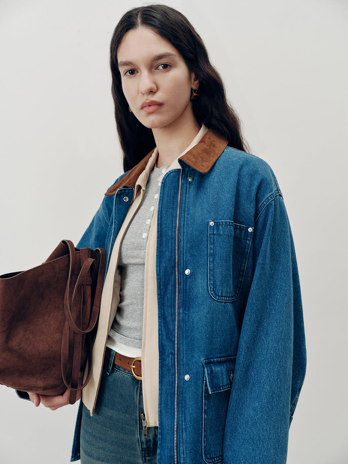 Suede Collar Zip-Front Denim Jacket