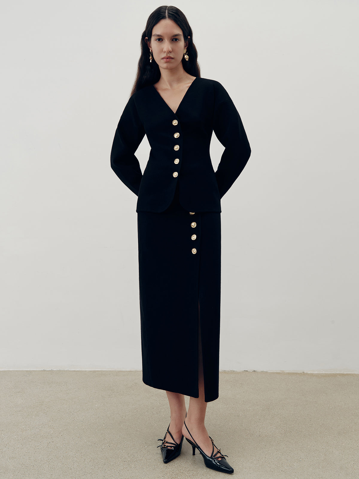 Metal Button Slit Maxi Skirt