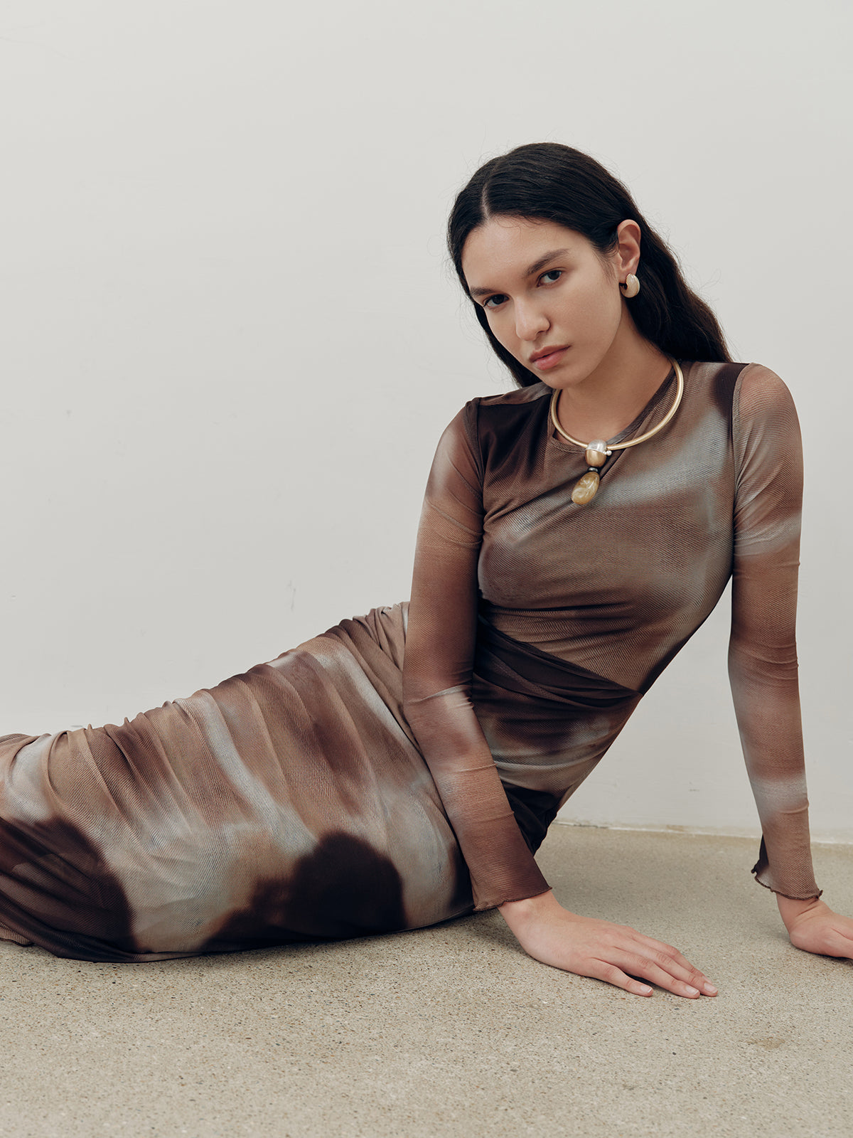 Tie-Dye Ruched Mesh Maxi Dress