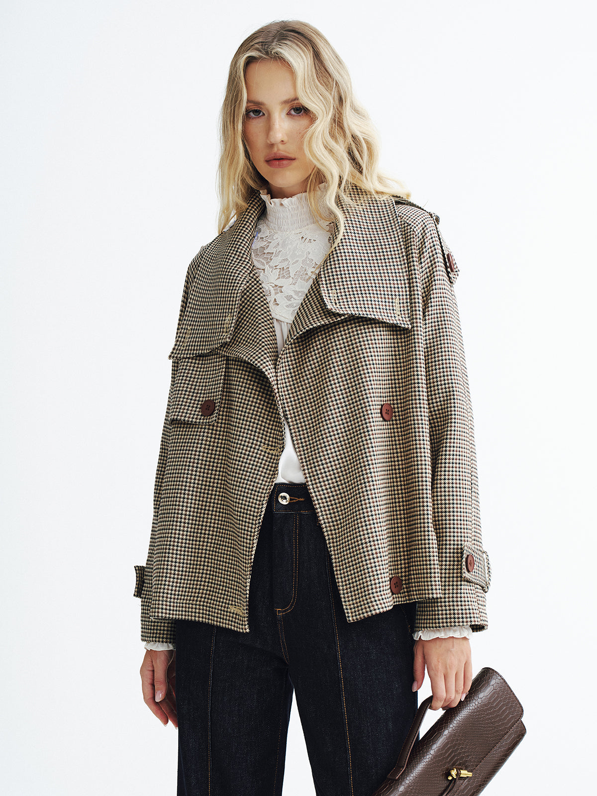 Trench-coat court à carreaux vintage