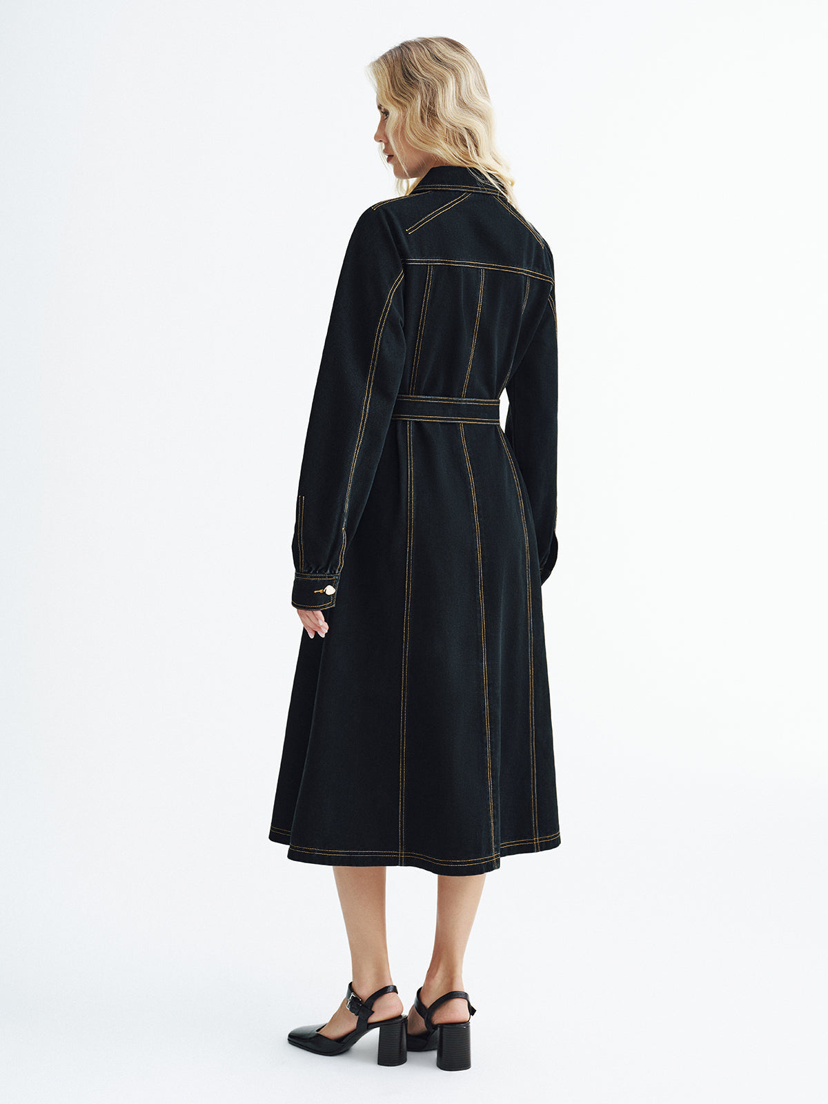 Metal Button Denim Belted Maxi Shirt Dress