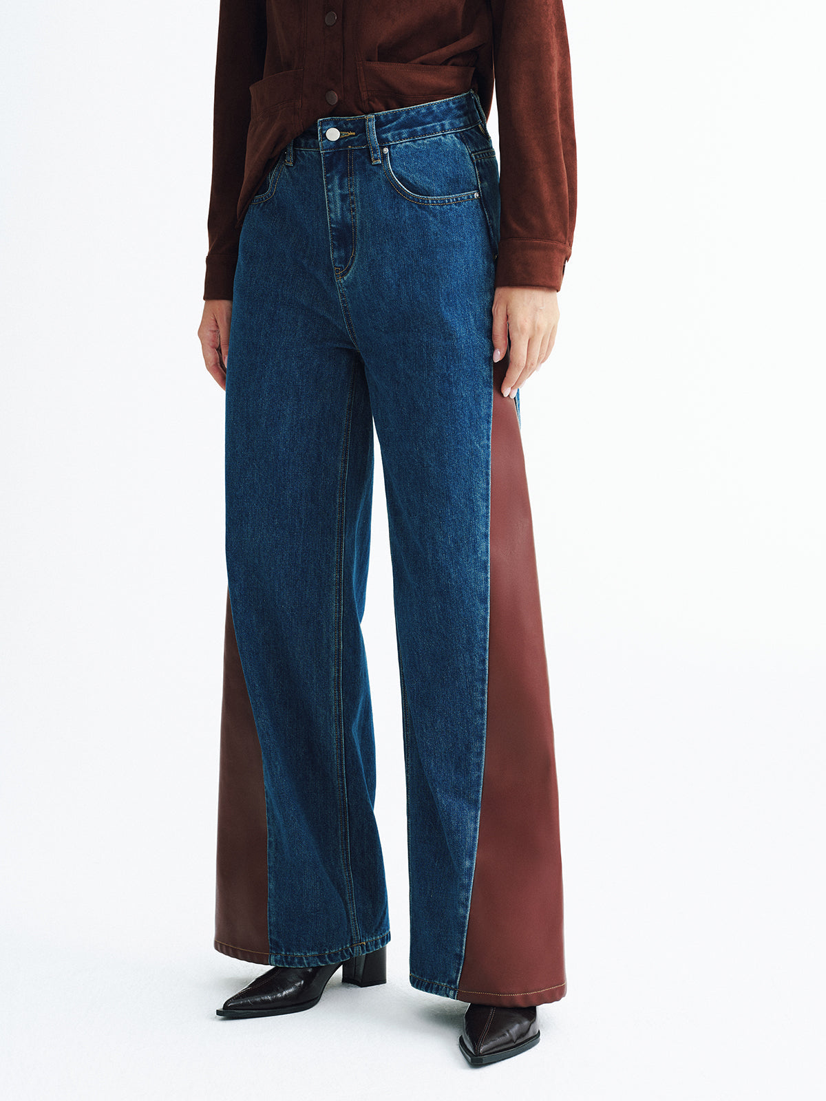 Contrast Panel Mid-Waist Denim Wide-Leg Jeans