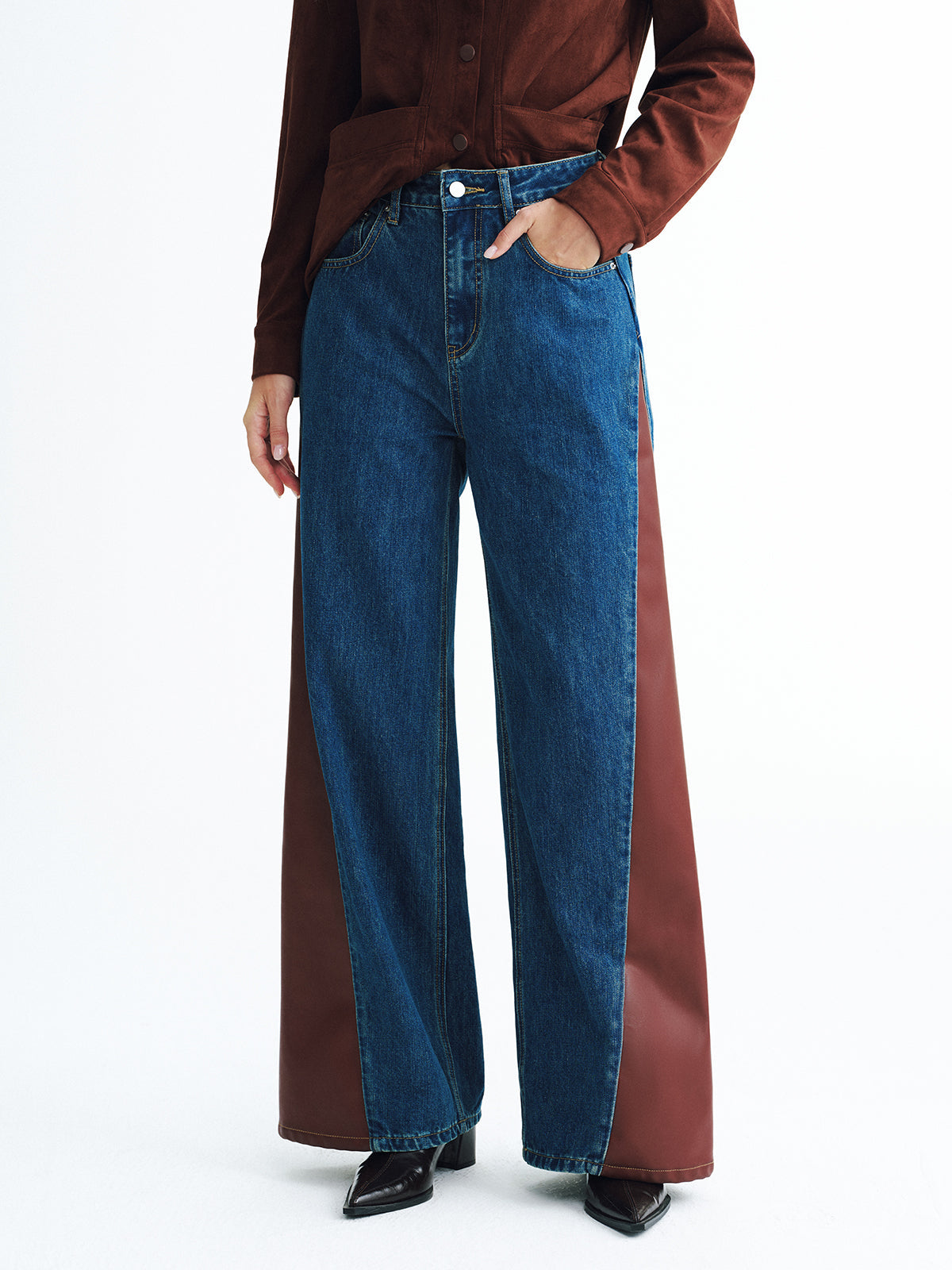 Contrast Panel Mid-Waist Denim Wide-Leg Jeans