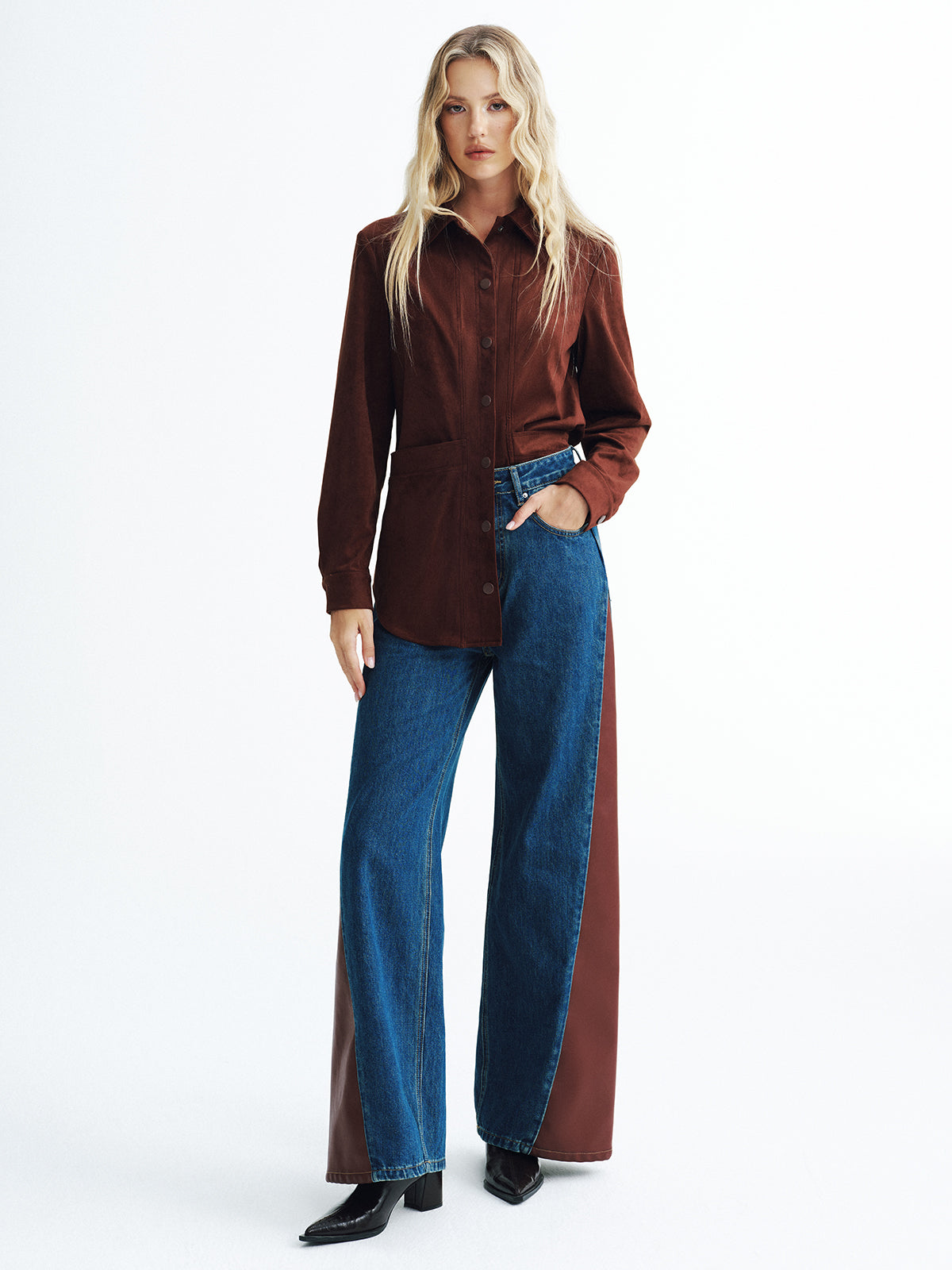 Contrast Panel Mid-Waist Denim Wide-Leg Jeans