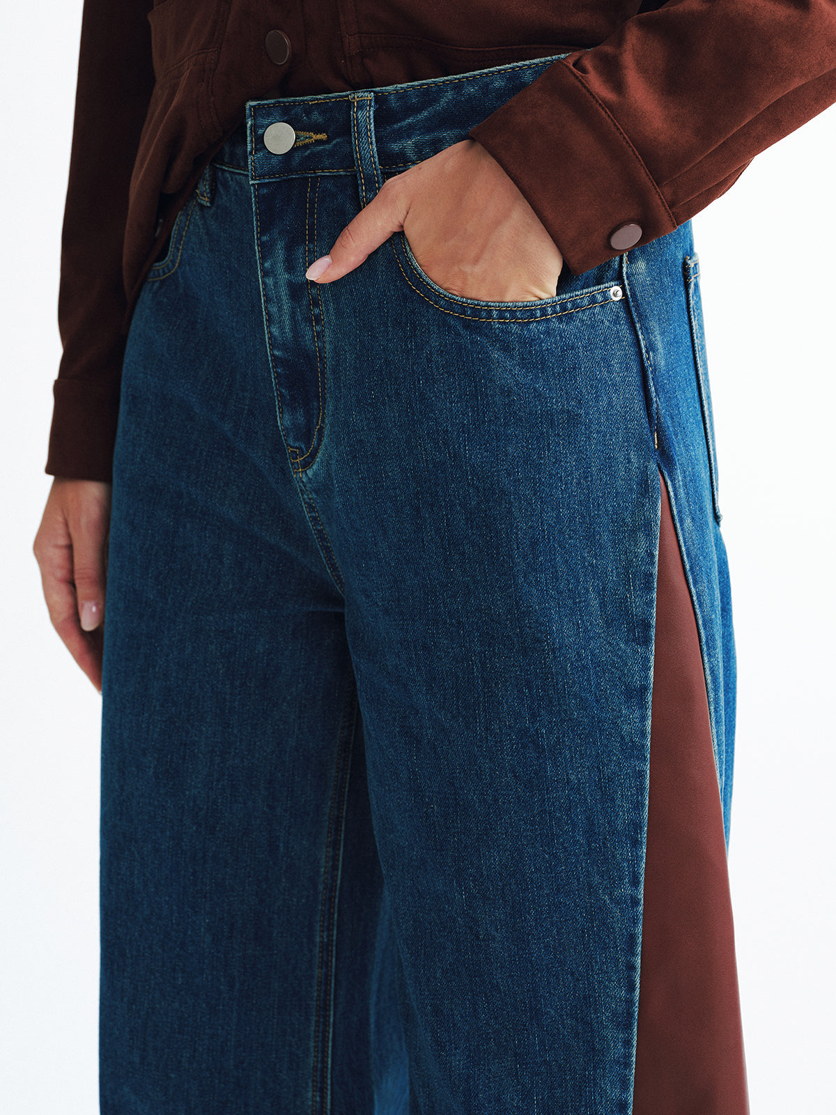 Contrast Panel Mid-Waist Denim Wide-Leg Jeans