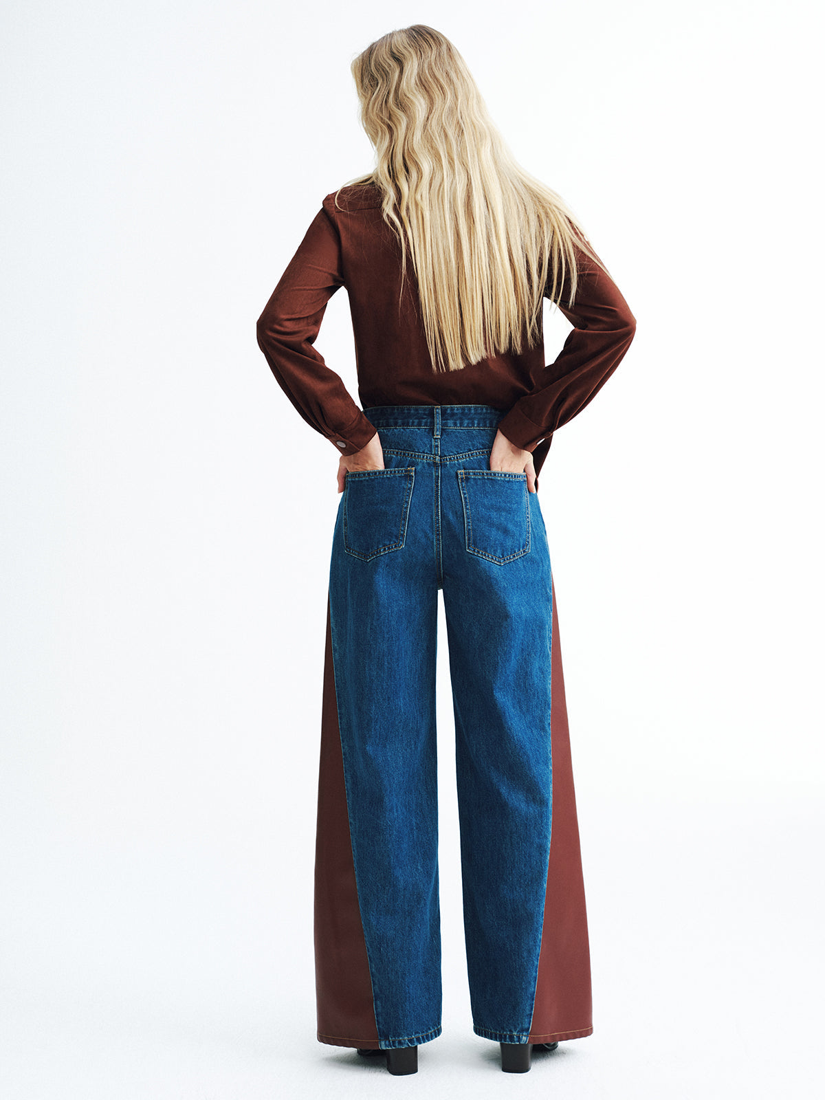 Contrast Panel Mid-Waist Denim Wide-Leg Jeans