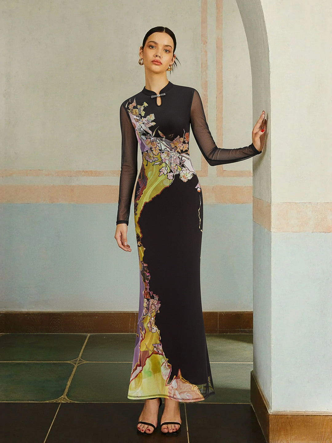 Robe longue en maille à manches longues et imprimé floral