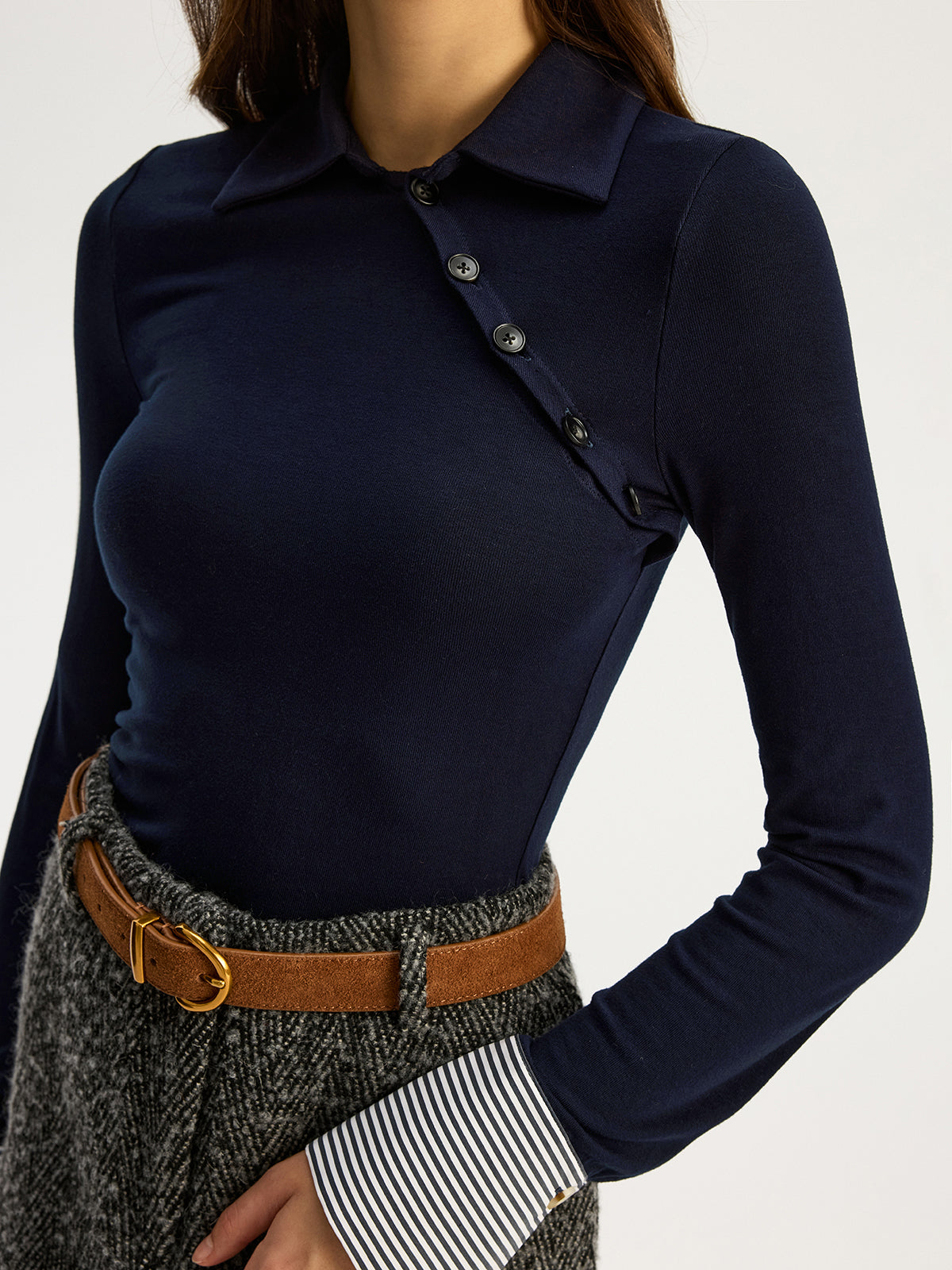 Asymmetric Button Striped Cuff Polo Top