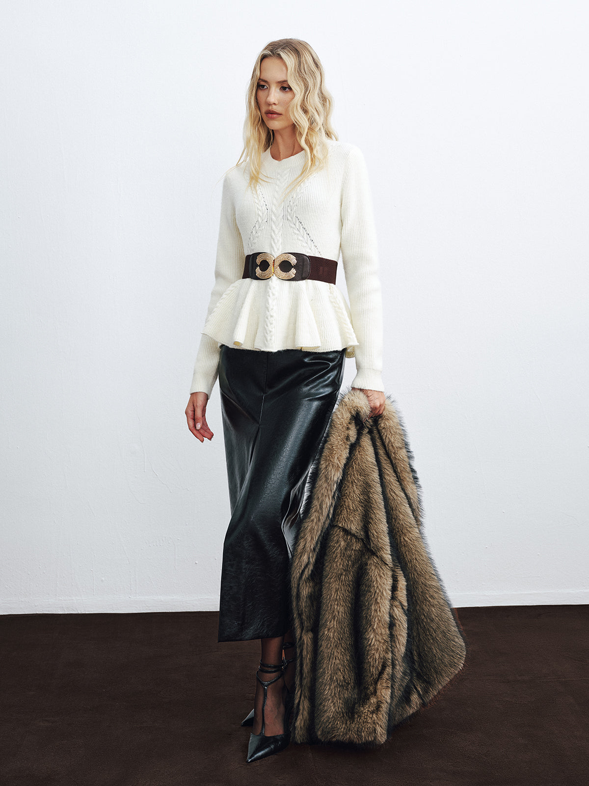 Peplum Cable-Knit Top with Wide Belt