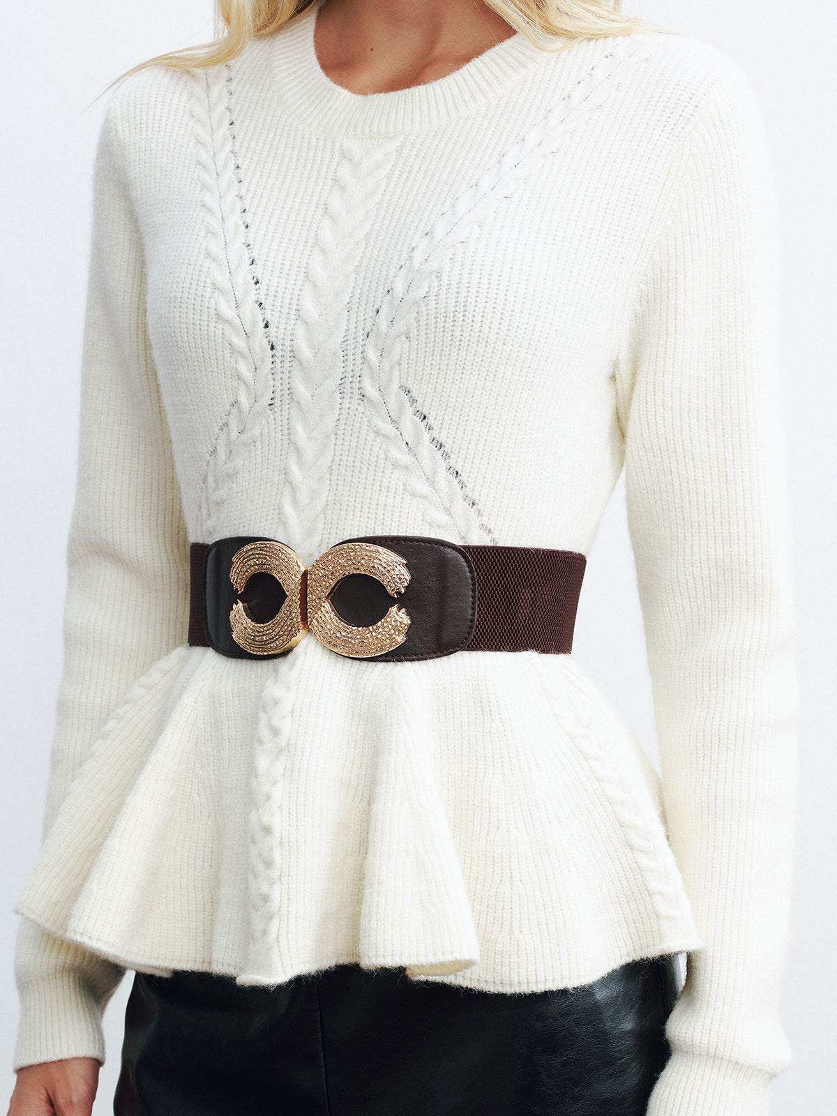 Peplum Cable-Knit Top with Wide Belt