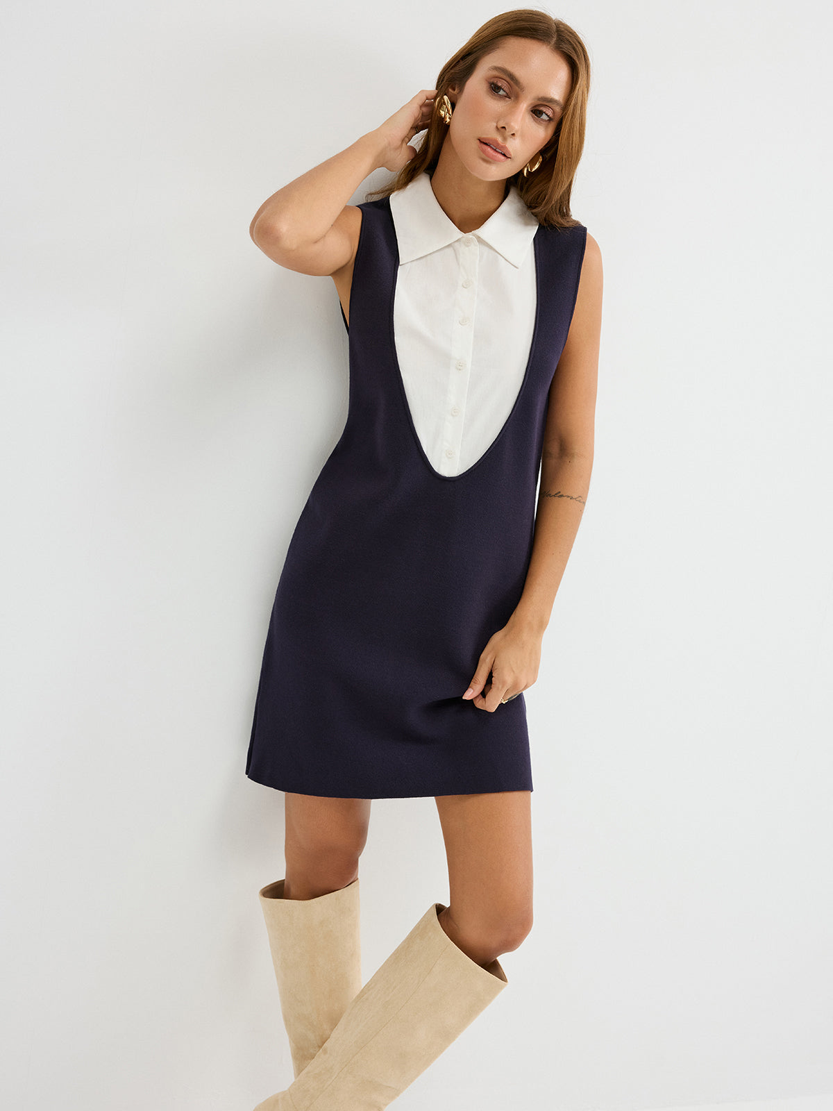 Contrast Shirt Panel Sleeveless Mini Dress